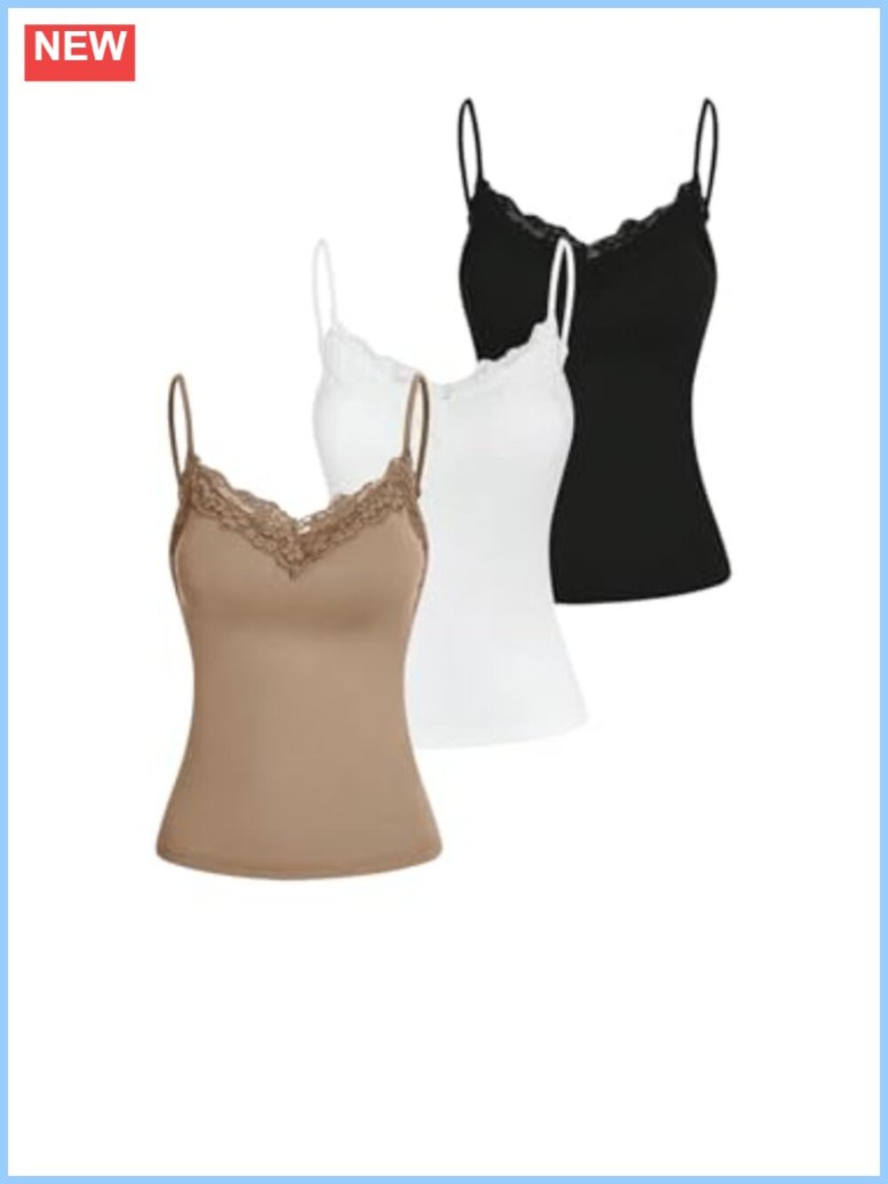 Lace Trim Spaghetti Strap Cami Top Built in Bra 3 Pack